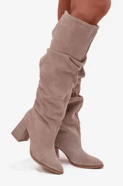 Outlet Zazoo Marszczone Kozaki Z Naturalnego Zamszu Na Słupku Ocieplane 4228 Beżowe Beżowy