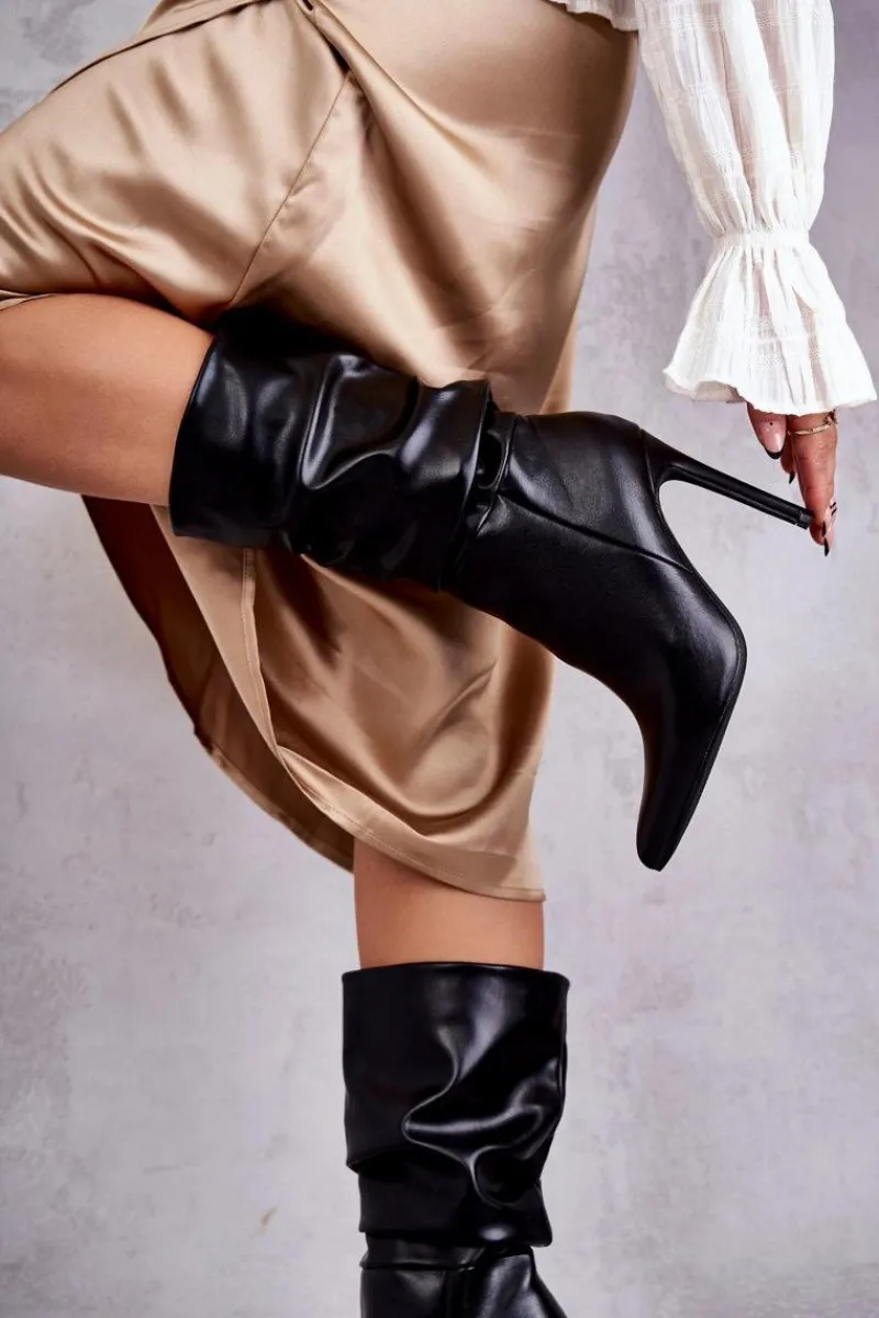 Kozaki Wiosenne|Kozaki Przed Kolano>Boto Marszczone Skórzane Kozaki Na Szpilce Czarne Caren