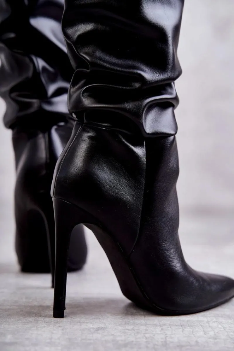 Kozaki Wiosenne|Kozaki Przed Kolano>Boto Marszczone Skórzane Kozaki Na Szpilce Czarne Caren