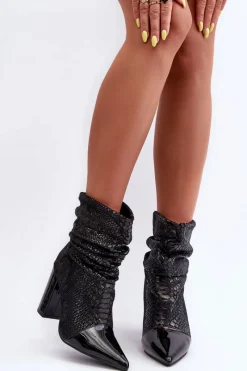 Sale Marszczone Wężowe Botki Na Obcasie Czarne Casima Damskie Botki Na Słupku|Czarne Botki