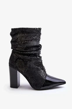 Sale Marszczone Wężowe Botki Na Obcasie Czarne Casima Damskie Botki Na Słupku|Czarne Botki