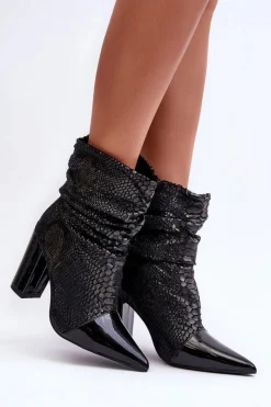 Sale Marszczone Wężowe Botki Na Obcasie Czarne Casima Damskie Botki Na Słupku|Czarne Botki
