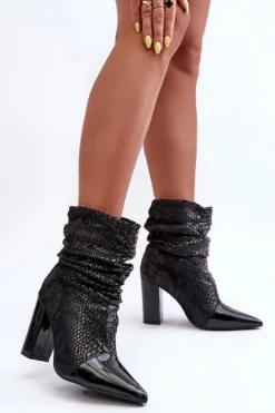 Sale Marszczone Wężowe Botki Na Obcasie Czarne Casima Damskie Botki Na Słupku|Czarne Botki