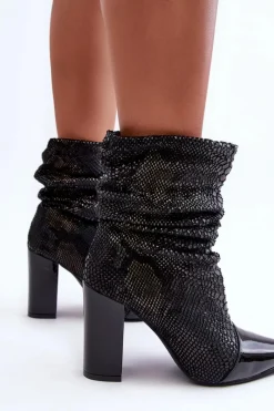 Sale Marszczone Wężowe Botki Na Obcasie Czarne Casima Damskie Botki Na Słupku|Czarne Botki