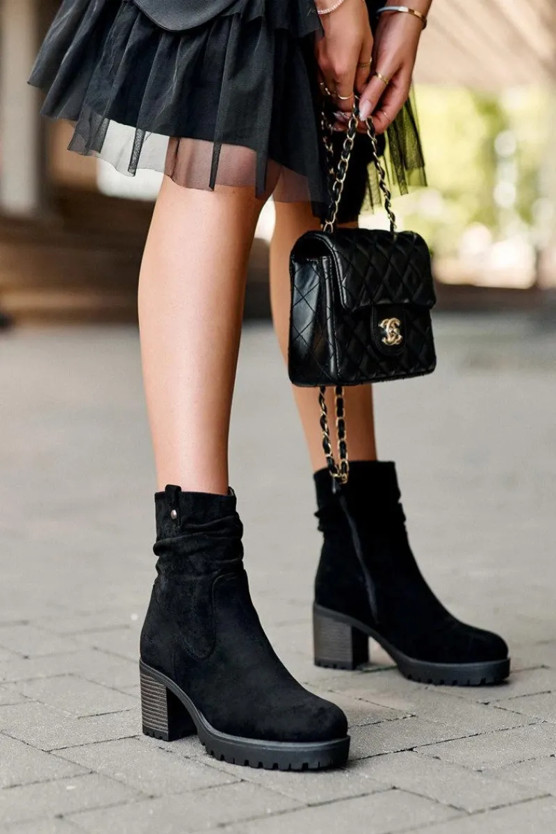 Sale Marszczone Zamszowe Botki Czarne Melseo Damskie Czarne Botki|Botki Zimowe Damskie