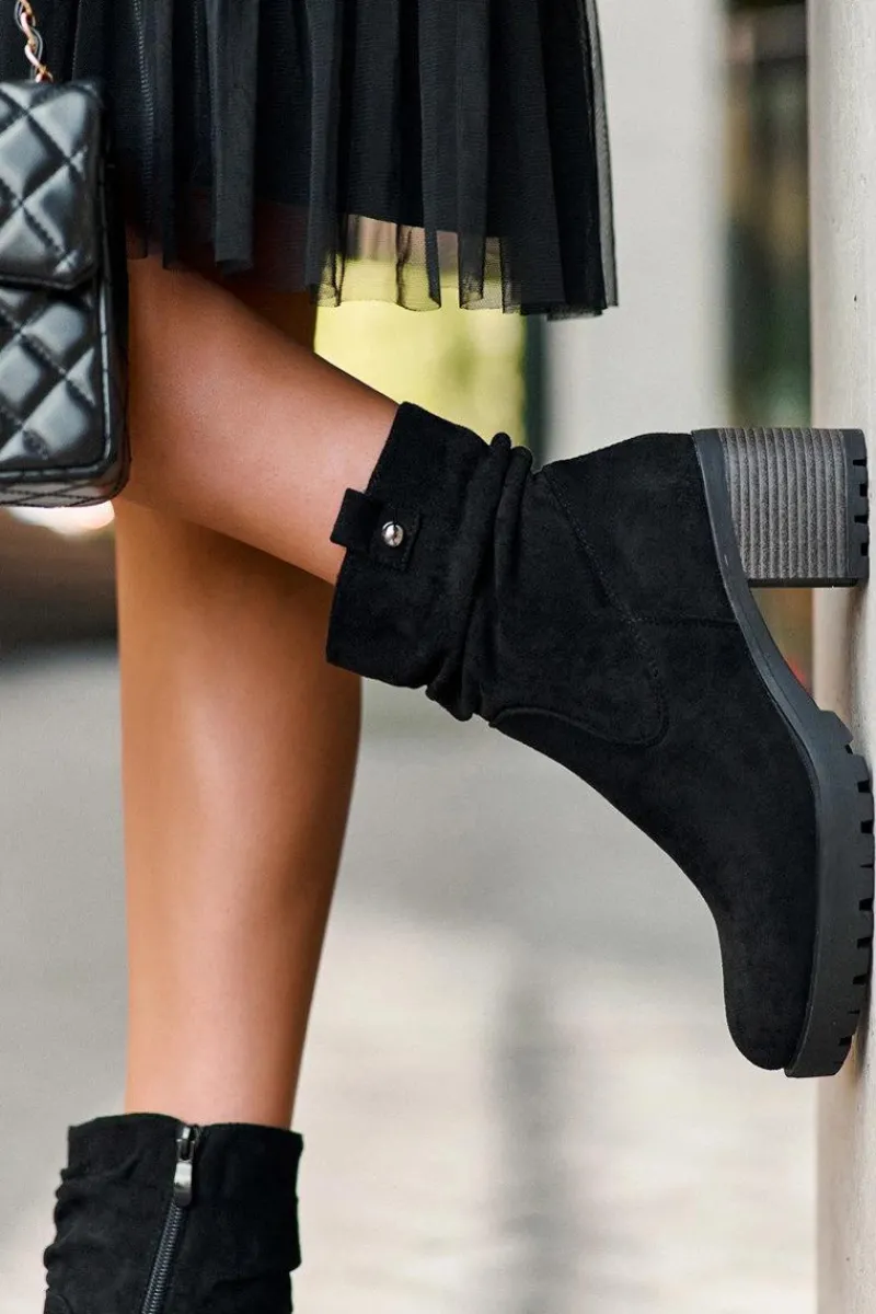 Sale Marszczone Zamszowe Botki Czarne Melseo Damskie Czarne Botki|Botki Zimowe Damskie