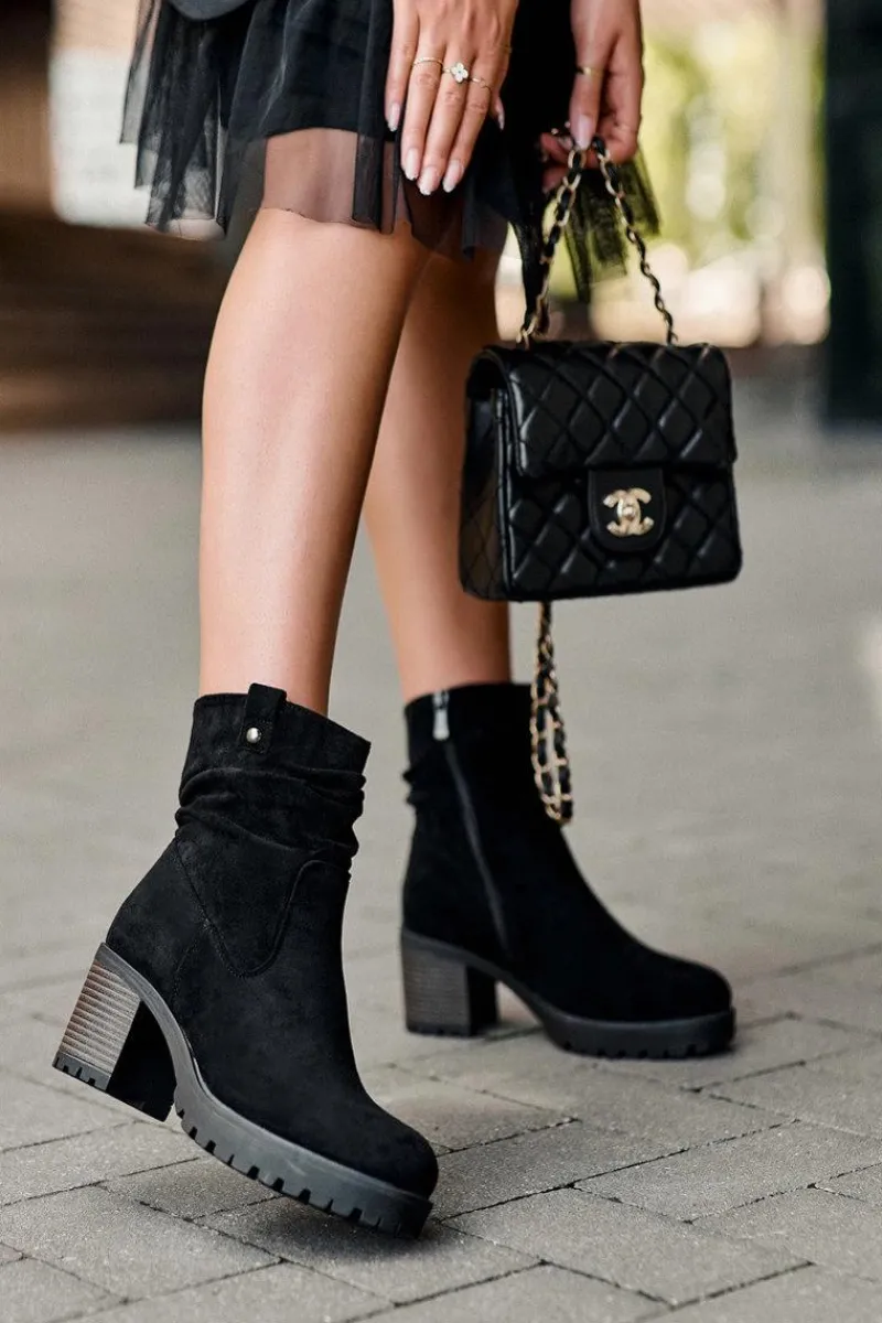 Sale Marszczone Zamszowe Botki Czarne Melseo Damskie Czarne Botki|Botki Zimowe Damskie