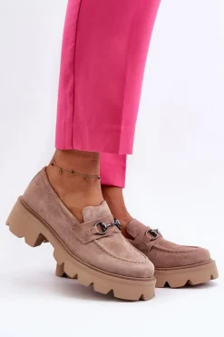 Discount Masywne Mokasyny Damskie Zamszowe Beżowe Neloria Damskie Loafersy Damskie|Mokasyny Płaskie