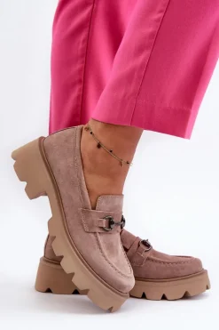 Discount Masywne Mokasyny Damskie Zamszowe Beżowe Neloria Damskie Loafersy Damskie|Mokasyny Płaskie