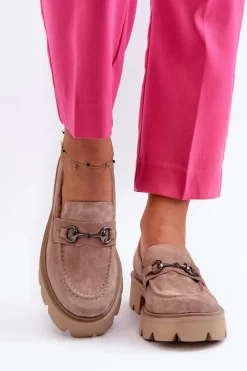 Discount Masywne Mokasyny Damskie Zamszowe Beżowe Neloria Damskie Loafersy Damskie|Mokasyny Płaskie