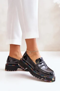 New Boto Masywne Mokasyny Damskie Lakierowane Artiker 55C0489 Czarne