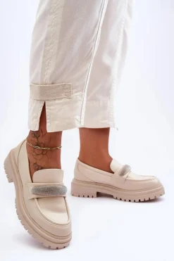 Mokasyny Damskie Skórzane|Mokasyny Na Platformie>Boto Masywne Skórzane Mokasyny Z Ozdobą Beżowe Aricka