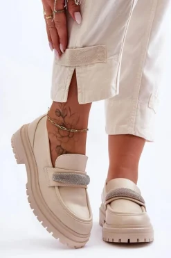 Mokasyny Damskie Skórzane|Mokasyny Na Platformie>Boto Masywne Skórzane Mokasyny Z Ozdobą Beżowe Aricka