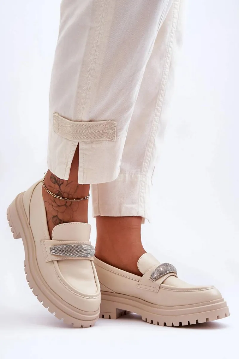 Mokasyny Damskie Skórzane|Mokasyny Na Platformie>Boto Masywne Skórzane Mokasyny Z Ozdobą Beżowe Aricka