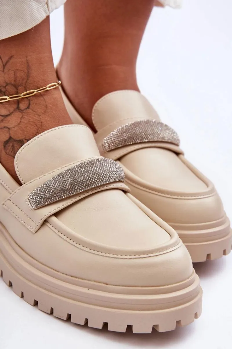 Mokasyny Damskie Skórzane|Mokasyny Na Platformie>Boto Masywne Skórzane Mokasyny Z Ozdobą Beżowe Aricka