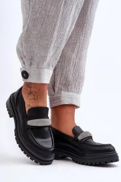 Boto Masywne Skórzane Mokasyny Z Ozdobą Czarne Aricka