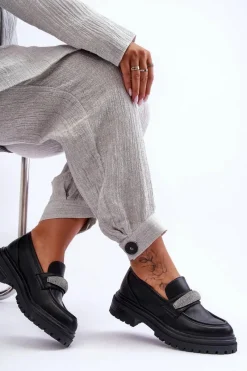 Boto Masywne Skórzane Mokasyny Z Ozdobą Czarne Aricka