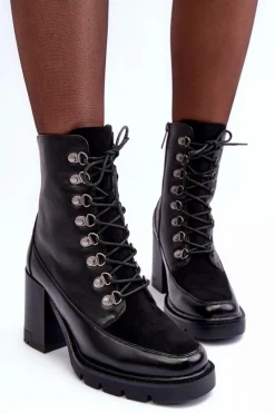 Hot Buty damskie Vinceza Masywne Sznurowane Botki Na Słupku Czarne Lathia