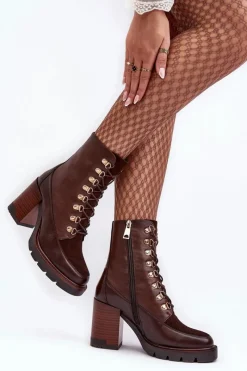 New Masywne Sznurowane Botki Na Słupku Brązowe Lathia Damskie Botki Na Słupku|Brązowe I Beżowe Botki