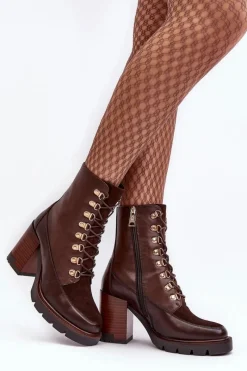 New Masywne Sznurowane Botki Na Słupku Brązowe Lathia Damskie Botki Na Słupku|Brązowe I Beżowe Botki