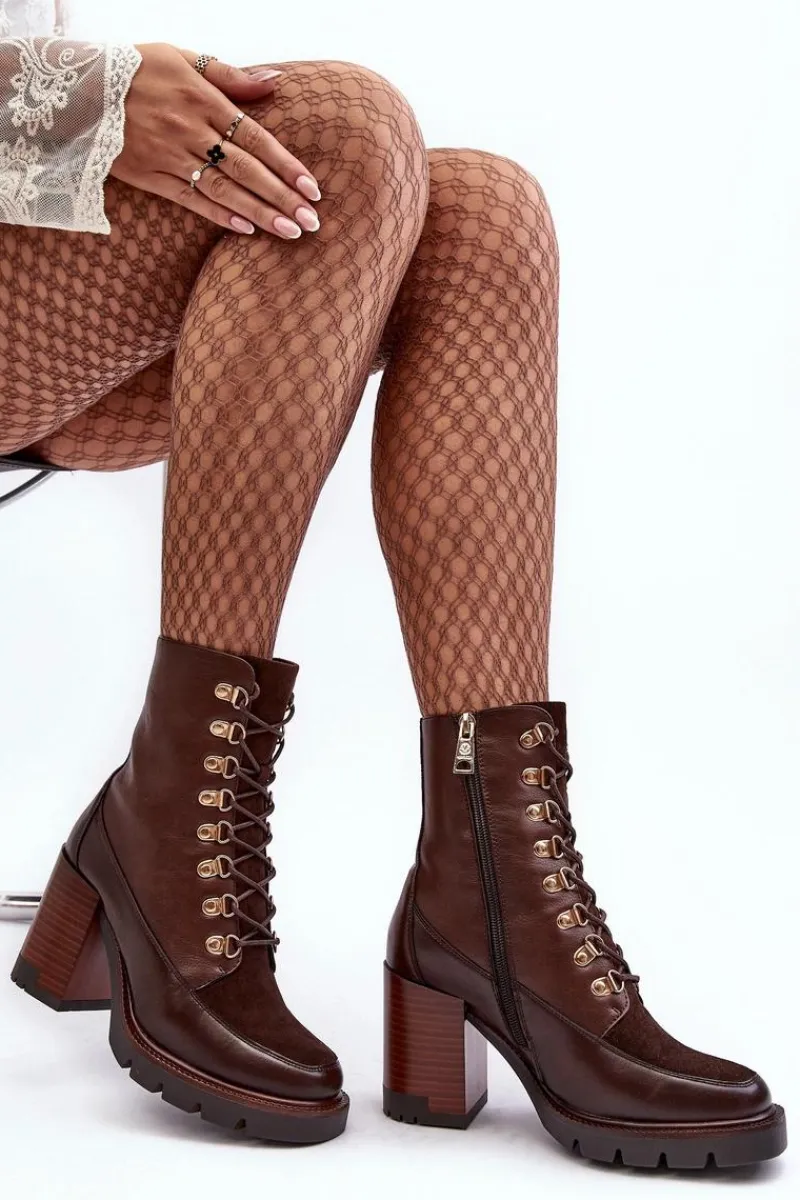 New Masywne Sznurowane Botki Na Słupku Brązowe Lathia Damskie Botki Na Słupku|Brązowe I Beżowe Botki