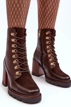 New Masywne Sznurowane Botki Na Słupku Brązowe Lathia Damskie Botki Na Słupku|Brązowe I Beżowe Botki