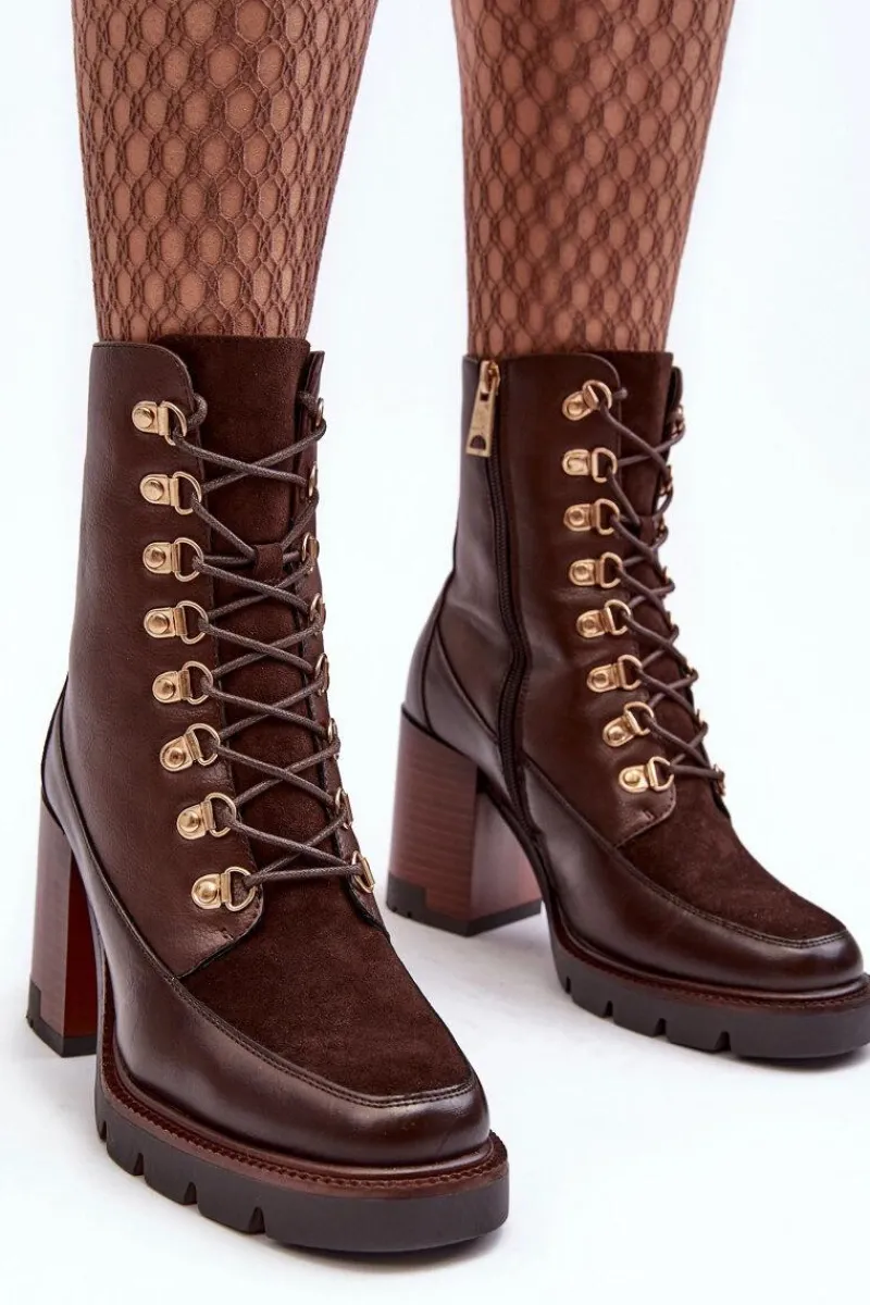 New Masywne Sznurowane Botki Na Słupku Brązowe Lathia Damskie Botki Na Słupku|Brązowe I Beżowe Botki