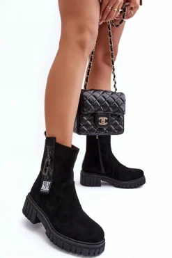 Best Boto Masywne Zamszowe Botki Damskie Na Płaskim Obcasie Czarne Lunai