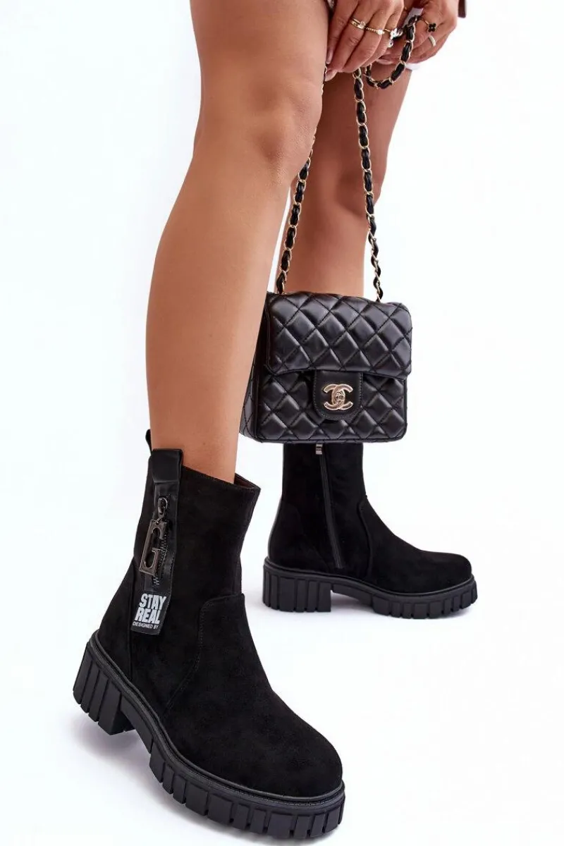 Best Boto Masywne Zamszowe Botki Damskie Na Płaskim Obcasie Czarne Lunai