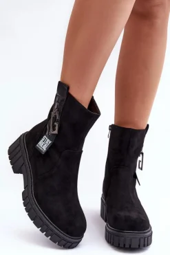 Best Boto Masywne Zamszowe Botki Damskie Na Płaskim Obcasie Czarne Lunai