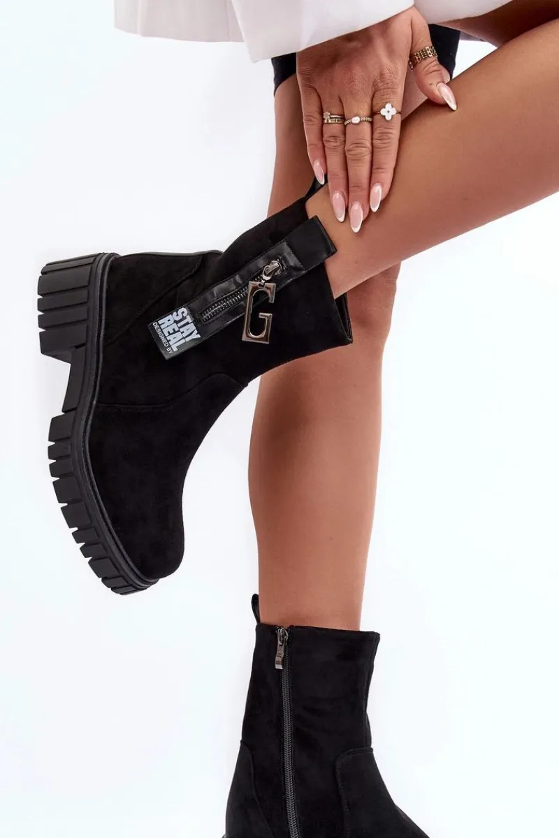 Best Boto Masywne Zamszowe Botki Damskie Na Płaskim Obcasie Czarne Lunai