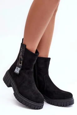 Best Boto Masywne Zamszowe Botki Damskie Na Płaskim Obcasie Czarne Lunai