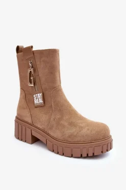 Clearance Masywne Zamszowe Botki Damskie Na Płaskim Obcasie Beżowe Lunai Damskie Botki Zimowe Damskie|Brązowe I Beżowe Botki