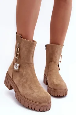 Clearance Masywne Zamszowe Botki Damskie Na Płaskim Obcasie Beżowe Lunai Damskie Botki Zimowe Damskie|Brązowe I Beżowe Botki