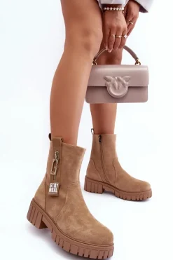 Clearance Masywne Zamszowe Botki Damskie Na Płaskim Obcasie Beżowe Lunai Damskie Botki Zimowe Damskie|Brązowe I Beżowe Botki