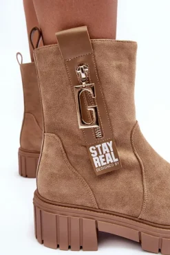 Clearance Masywne Zamszowe Botki Damskie Na Płaskim Obcasie Beżowe Lunai Damskie Botki Zimowe Damskie|Brązowe I Beżowe Botki