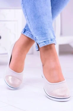 Clearance Boto Materiałowe Beżowe Baleriny Na Koturnie Elleni