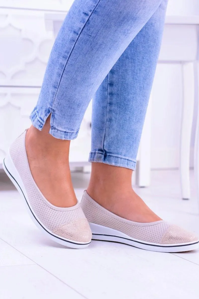 Clearance Boto Materiałowe Beżowe Baleriny Na Koturnie Elleni