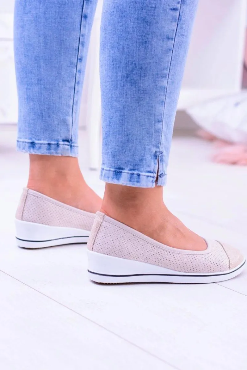 Clearance Boto Materiałowe Beżowe Baleriny Na Koturnie Elleni