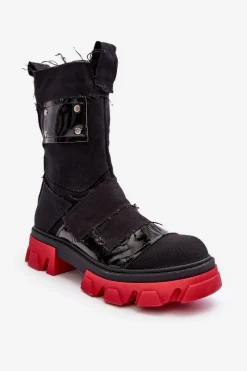 Materiałowe Botki Damskie Na Suwak Czarne Elinare Damskie Botki Sznurowane|Czarne Botki