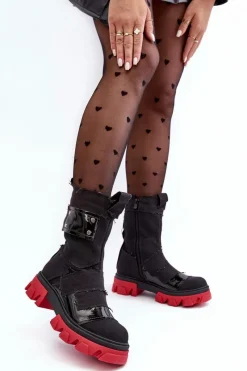 Materiałowe Botki Damskie Na Suwak Czarne Elinare Damskie Botki Sznurowane|Czarne Botki