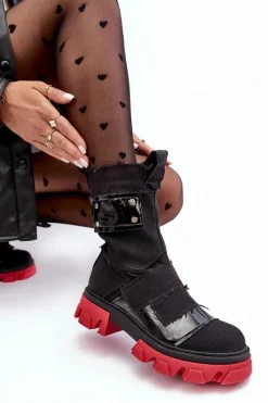 Materiałowe Botki Damskie Na Suwak Czarne Elinare Damskie Botki Sznurowane|Czarne Botki