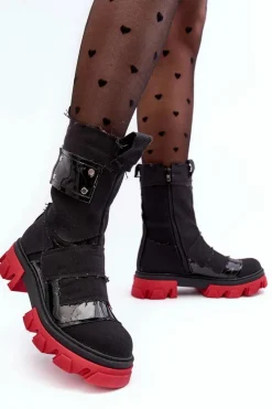 Materiałowe Botki Damskie Na Suwak Czarne Elinare Damskie Botki Sznurowane|Czarne Botki