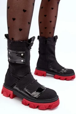 Materiałowe Botki Damskie Na Suwak Czarne Elinare Damskie Botki Sznurowane|Czarne Botki