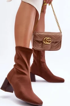 Hot Materiałowe Botki Na Suwak Brązowe Amisa Damskie Botki Wiosenne|Botki Na Słupku