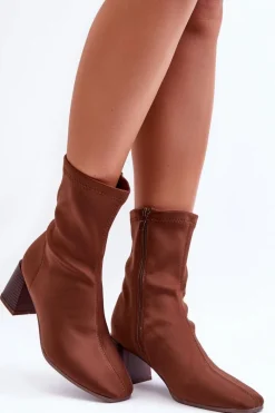 Hot Materiałowe Botki Na Suwak Brązowe Amisa Damskie Botki Wiosenne|Botki Na Słupku