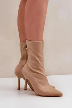 Clearance Materiałowe Botki Na Szpilce Ciemnobeżowe Amune Damskie Brązowe I Beżowe Botki|Botki Na Obcasie