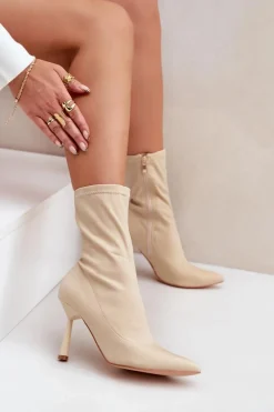 New Boto Materiałowe Botki Na Szpilce Jasnobeżowe Amune Beżowy