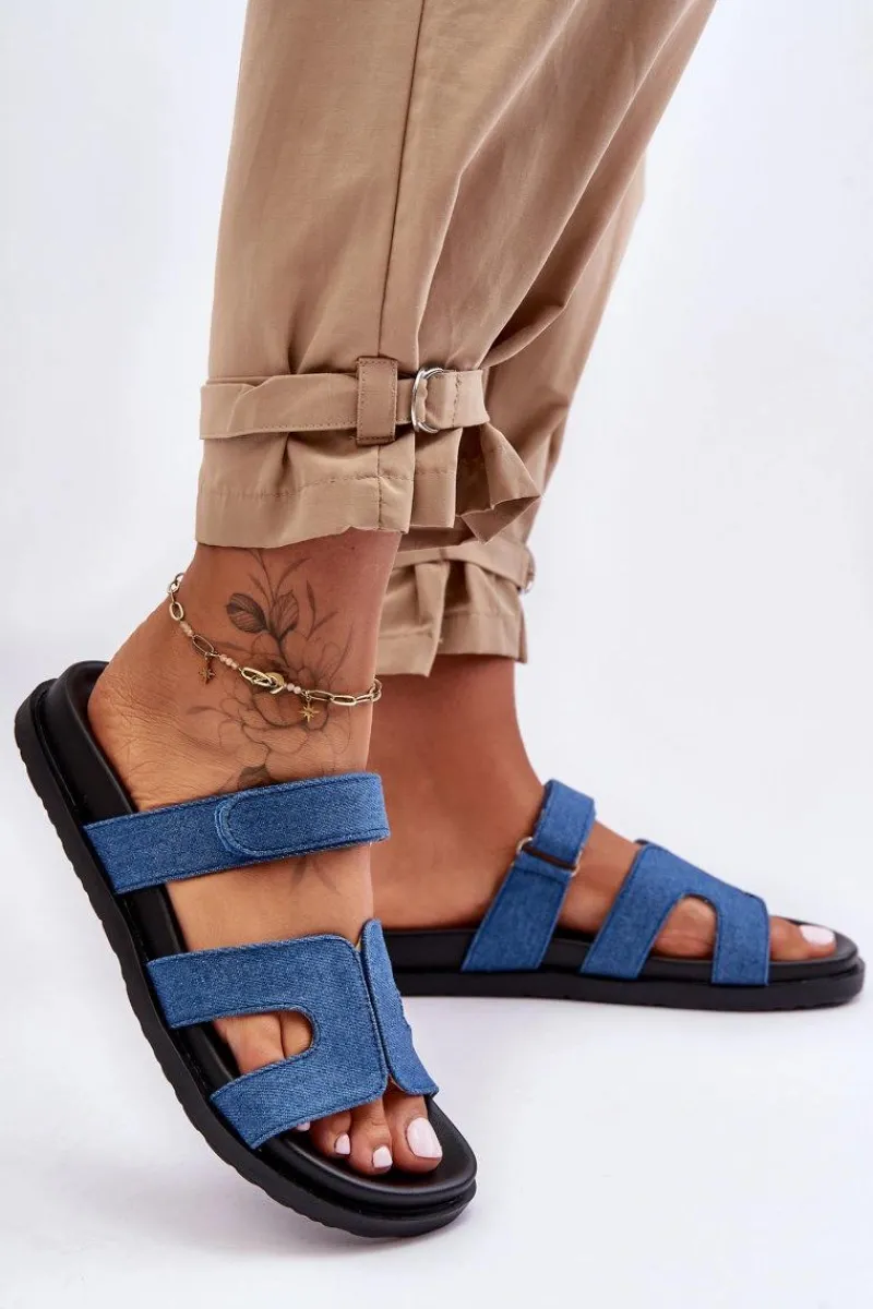 Klapki Na Platformie|Klapki Damskie Klasyczne>Boto Materiałowe Damskie Klapki Na Rzep Ciemnoniebieskie Jose