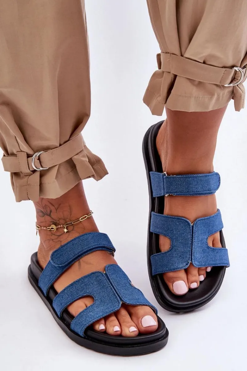 Klapki Na Platformie|Klapki Damskie Klasyczne>Boto Materiałowe Damskie Klapki Na Rzep Ciemnoniebieskie Jose